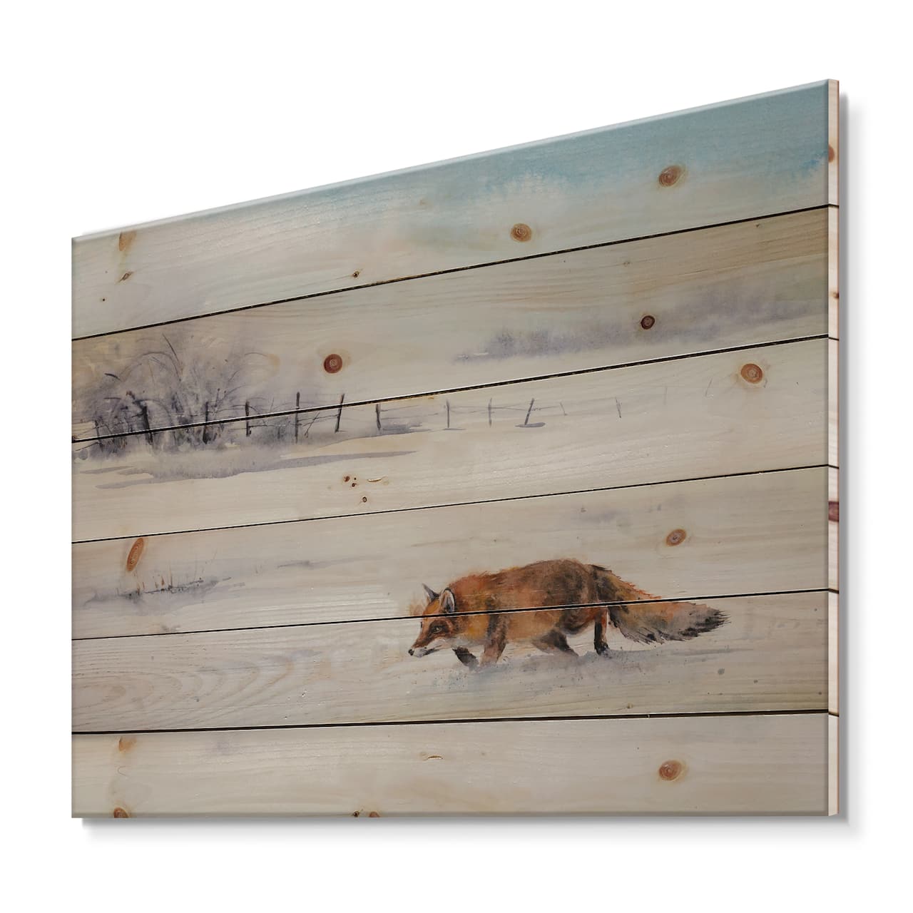 Designart - Red Fox Running In White Snow I - Farmhouse Print on Natural Pine Wood